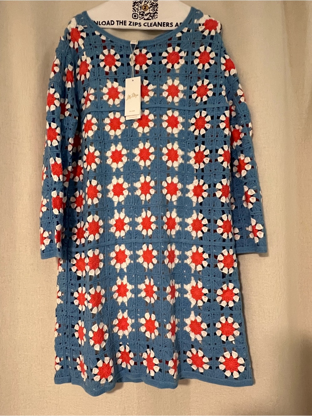 Lilly Pulitzer Blue Crochet Daisy Knit Dress with Orange and White Flowers